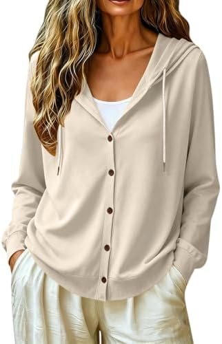 Women's Lightweight Hooded Cardigan Button Down Long Sleeve Soft ...