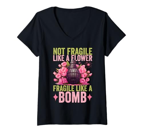 Women's Not Fragile Like A Flower Fragile Like A Bomb Feminist Women V-Neck T-Shirt