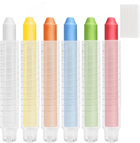 Sheryl&Rain 6 Pcs Tiza Sin Polvo Para Niños, de Colores Con Portatizas RetráCtil, Borrable Lavable Para Pizarra, Gordas Para Suelo, Lápices de Tiza Para Escuelas, Oficina