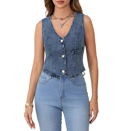 Women Summer Denim Vest Tops Sleeveless V-Neck Button Front Tank Tops Fashion Slim Fit Waistcoat