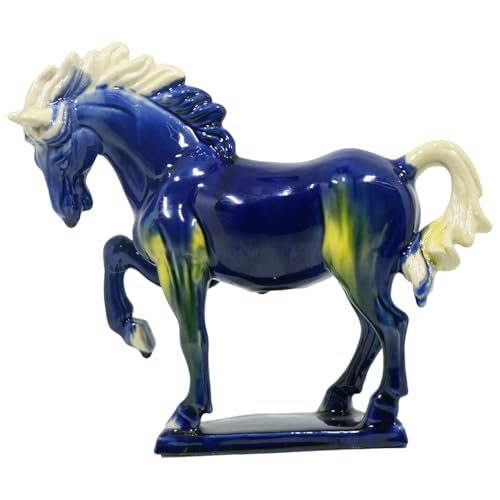 Ceramic Horse Sculpture -8 inch Hand Made Tri-Color Cultural Art Piece,Museum Collection Inspired Home and Office Decor (Blue)