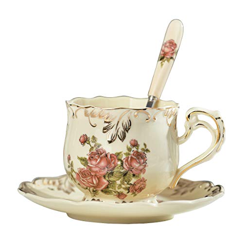 YOLIFE Rose Ivory Teacup Cup and Saucer set,Ceramic Vintage Tea Cup Set