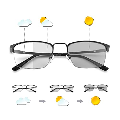 Photochromic Progressive Multifocus Reading Glasses W/ Spring Hinges 180° Transition Multifocal UV400 Sunglasses Sun Readers Blue Light Blocking Computer Eyeglasses Anti Glare Presbyopia for Men Women