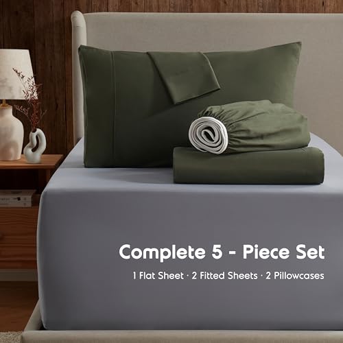 Image of Nestl Split King Bed Sheet Set - Olive Green - 5-Piece Deep Pocket | Instantly Soft, Night-One Ready (No Wash Required). Fits 16-Inch Deep Pockets, 360-Degree Elastic Grip