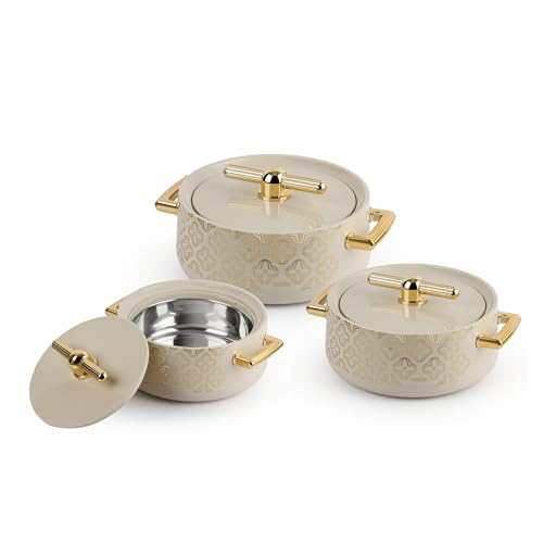 Image of CELLO Jewel NX Insulated Casserole Set of 3 Pcs (500ml, 1000ml, 1500ml) Beige | Double Wall Insulated Hot Pot Case Keeps Food Hot & Warm for Long Hours, Casserole Hot Pot Set for Roti, Chapati, Rice