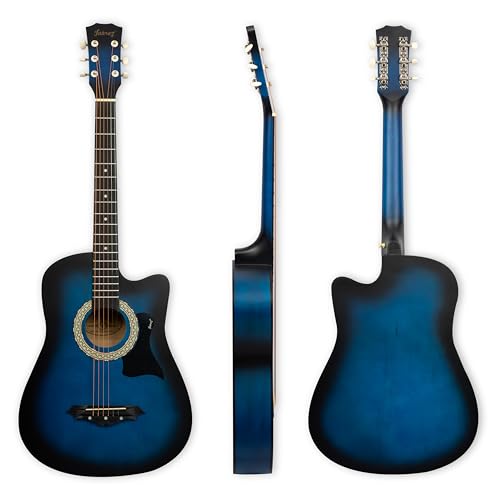 Image of JUAREZ 38 Inch Cutaway Acoustic Guitar Kit with Pick Guard | ABS Neck & Fingerboard | Linden Wood Body | Steel Strings | Blue Sunburst | Guitar Bag, Strap, Picks & Spare Strings, JRZ38CAB-TBS-KIT