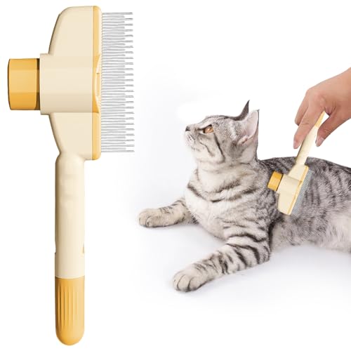 Aerbee Cat Brush with Release Button, Flea Comb for Indoor Cats Shedding, Dog Comb Pet Hair Removal Tool, Self-Cleaning with Long & Short Stainless Steel Metal Teeth for Shedding, Yellow