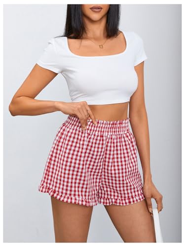 MakeMeChic Women's Gingham Ruffle Boxer Shorts Elastic High Waist Pajamas Lounge Shorts4