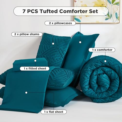 Image of Andency Oversized King Size Comforter Set 7 Pieces Teal - Bed in a Bag Oversized King Boho Lightweight Fluffy Tufted Bedding Sets with Comforter, Sheets, Pillowcases & Shams