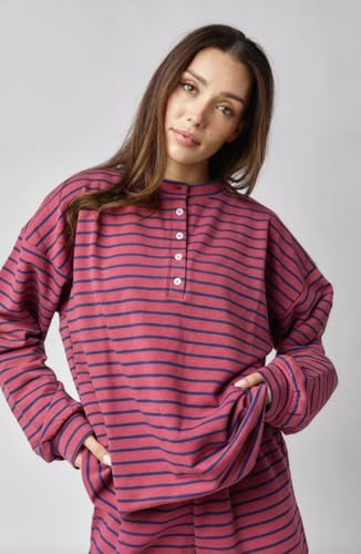 Image of Almere Oversized Cotton Henley Longsleeve Tee, Striped Button Down, Boyfriend Fit
