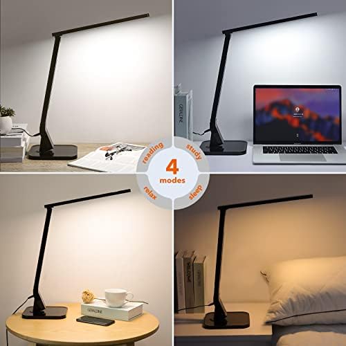 LED Desk Lamp, Reading Lamp with 1-Hour Timer, USB Charging Port, 4 Lighting Modes & 5 Brightness Levels & Memory Function, Desk Lamp for Study, Office & Bedroom, Metal Base 14W Bedside Table Lamp