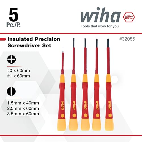 Image of Wiha PicoFinish Insulated Precision Screwdriver Set, 5-Piece Kit | 1000V VDE certified, PicoFinish precision grip, hex torque control, tested to 10,000 volts, made in Germany