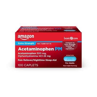 Amazon Basic Care Acetaminophen PM, Pain Reliever Plus Nighttime Sleep Aid Caplet, 100 Count