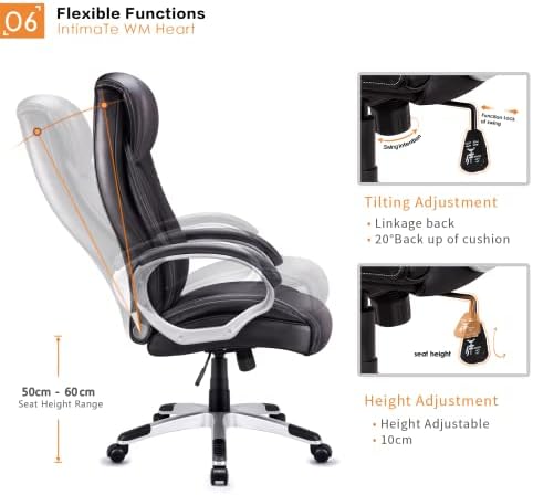 IntimaTe WM Heart High-Back Executive Office Chair, Faux Leather Large Seat Computer Desk Chair, Ergonomic Design Adjustable Seat Height, Synchro Tilt Mechanism, 360 Degree Swivel, Black (80cm Back)