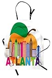 Lunarable Atlanta Apron, Georgia City Peach Dogwood and Colorful Text Buildings in Cartoon Form Graphic, Unisex Kitchen Bib with Adjustable Neck for Cooking Gardening, Adult Size, Apricot Green