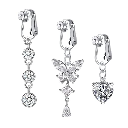 D.Bella Fake Belly Ring Fake Belly Piercing Clip on Belly Button Rings Surgical Steel Fake Belly Button Ring Fake Earrings Butterfly Non Piercing Jewelry