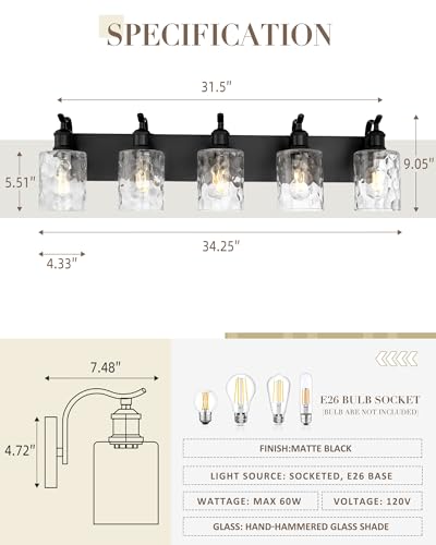 Image of Bathroom Vanity Light Fixtures 5-Light Hammered Glass Modern Wall Mounted Over Mirror Black - VL01BKH-5