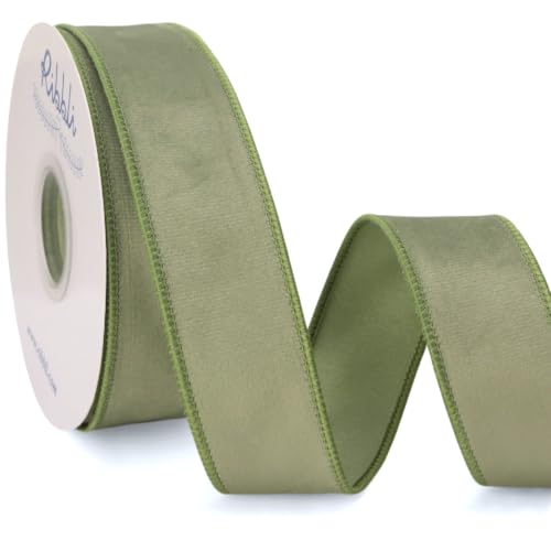 Ribbli Sage Green Velvet Wired Ribbon with Dupioni 1.5" x 10 Yds Continuous