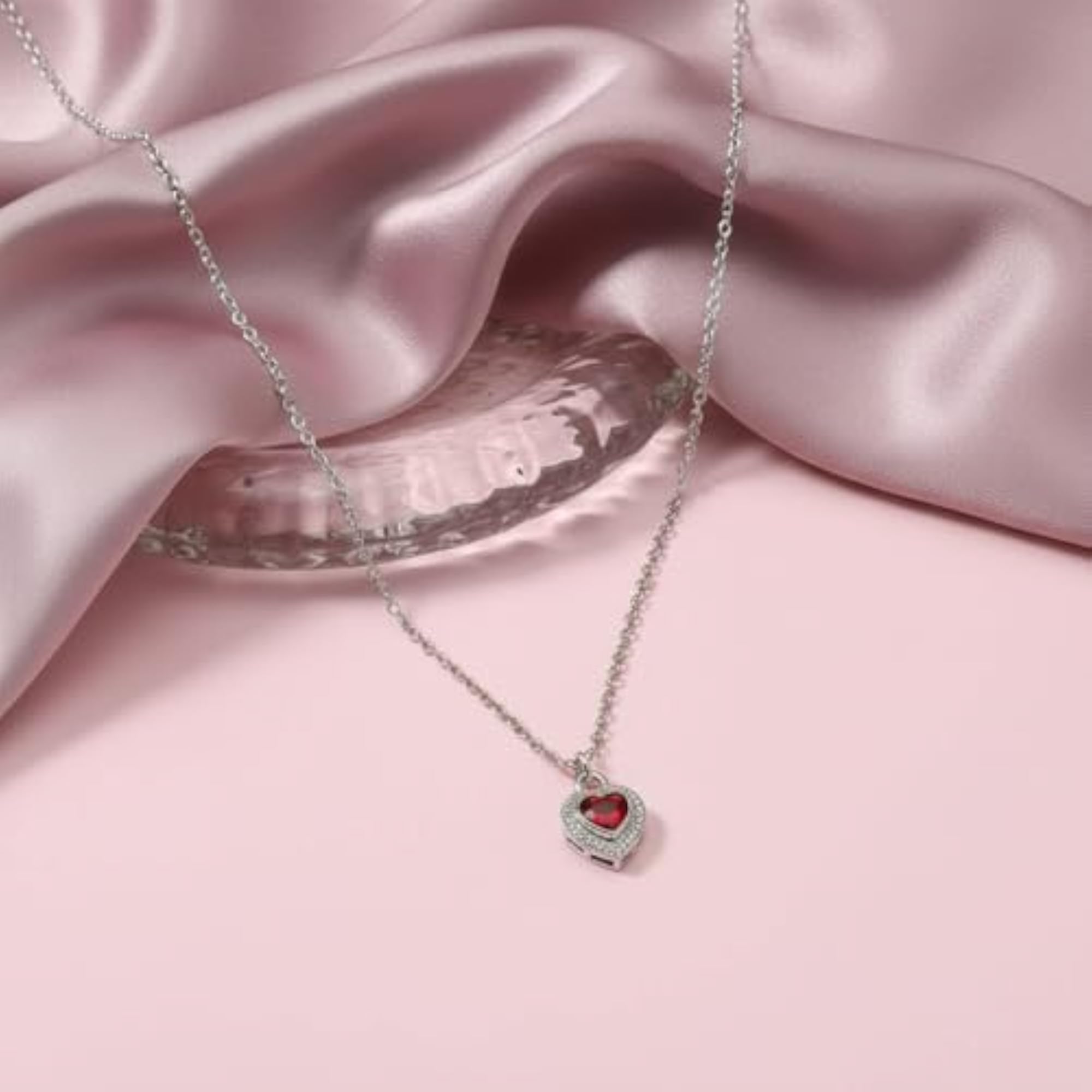Silver Plated Heart Pendant Necklace with Red Crystal Stone