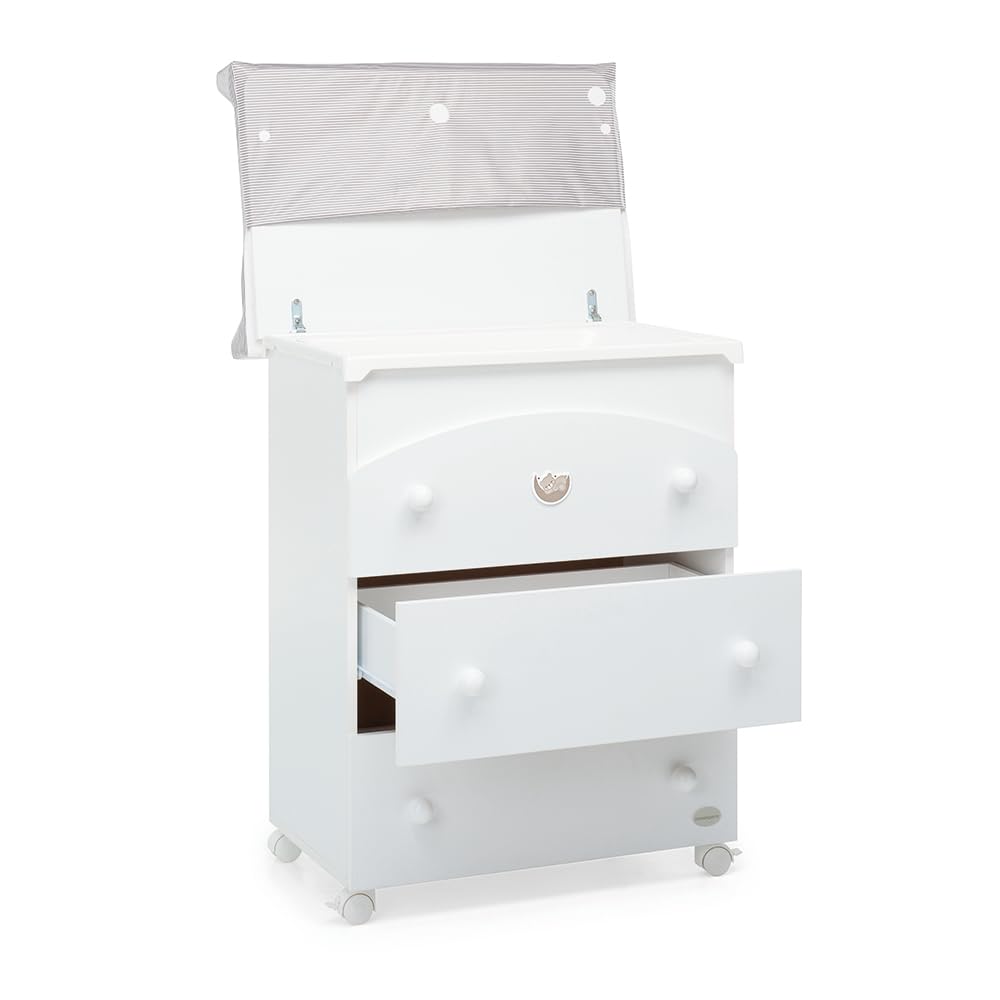 Foppapedretti Bagnetto Fasciatoio Mybear, Made in Italy, Legno di faggio, 3 cassetti, Vaschetta anatomica estraibile, 4 ruote 2 con freno, 94x78x56 cm, Bianco