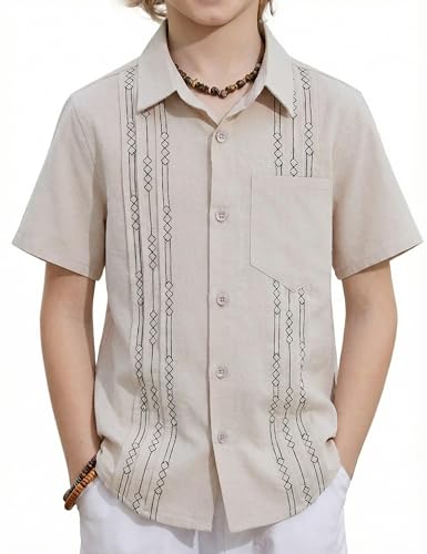 Arshiner Boys Guayabera Cotton Linen Shirt Casual Light Khaki Button Down Beach Shirt
