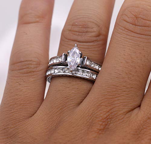 White Gold Filled Bridal Sets Marquise Cut Cz Engagement Ring 2Pcs Womens Wedding Ring Sets #TOP3