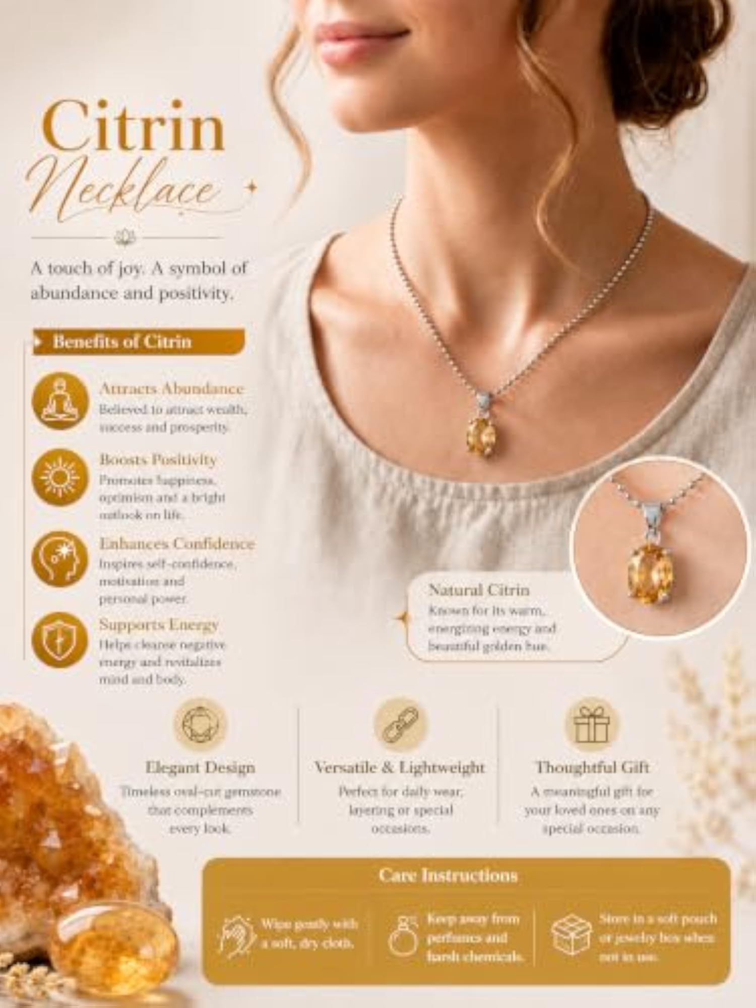 Natural Citrine Pendant Necklace for Wealth & Prosperity