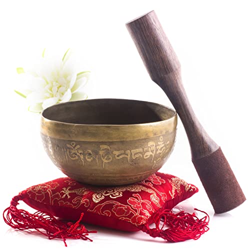 Hand Hammered B Crown Chakra Tibetan Singing Bowl Set ~ Easy to Play - For Chakra Healing, Prayer, Yoga, and Mindfulness - Antique with Dual end Mallet & Red Cushion (Antique 5