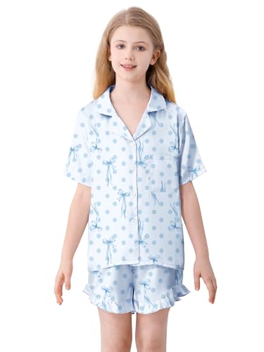 Umeyda Girls 3 Pieces Pajamas Sets Silk Satin Ruffle Sleepwear Short Sleeve Button-Down 3Pjs Nightwear, 5-14 Years2