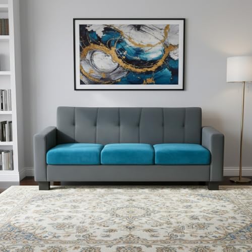 Image of Furny Homeway 3 Seater Fabric Sofa Set (Teal Blue-Dark Grey) | Soft Velvet Fabric | Modern Design | Comfortable Seating | Living Room Furniture