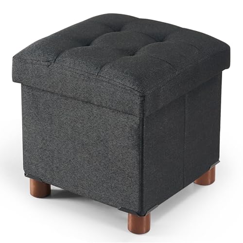 BRIAN & DANY Small Ottoman with Storage, Small Storage Ottoman, Folding Foot Stool with Wood Legs for Living Room and Bedroom Linen Rest Seat, 12.6"x12.6"x12.8" - Black