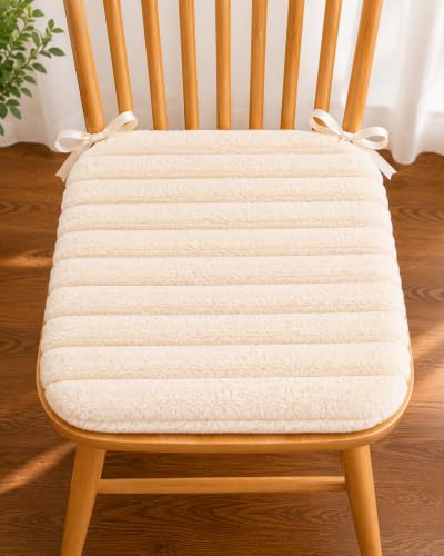 Image of COZY FURNISH Ivory White Solid Fluffy Chair Seat Cushions with Ties, 16x16 Inch Faux Fur Dining Chair Pads with Foam Filling, Pack of 2