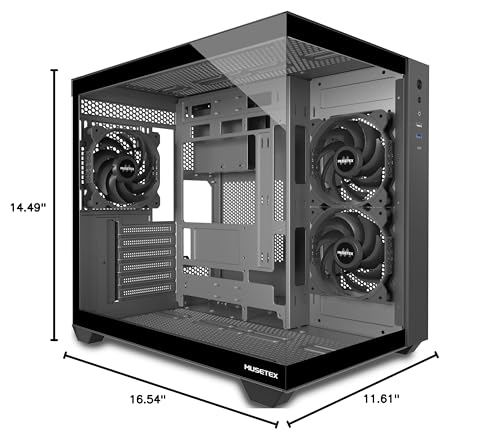 MUSETEX ATX PC Case, 3 x 120mm Fans Pre-Installed, 360MM RAD Support, 270&deg; Full View Tempered Glass Gaming PC Case with Type-C, Mid Tower ATX Computer Case, Black, Y6