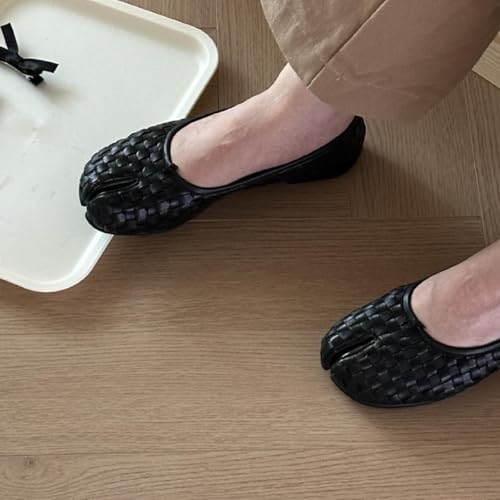 2025 Spring/Summer Fashion Sheepskin Woven Split-Toe Flats | Breathable & Comfortable Shallow Mouth Shoes | Stylish Square Toe Design with Tassel Detail3