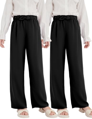 Image of Girls Wide Leg Palazzo Pant Loose Straight Cute Bow Waist Spring Summer Lightweight Dress Pant for Kids 5-14Y