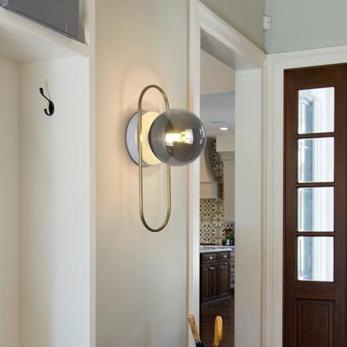 Image of Modern Farmhouse Sconces Wall Lighting Brushed Gold Globe Wall Sconce Smoked Glass Bathroom Vanity Light Brass Sconces Hard Wired