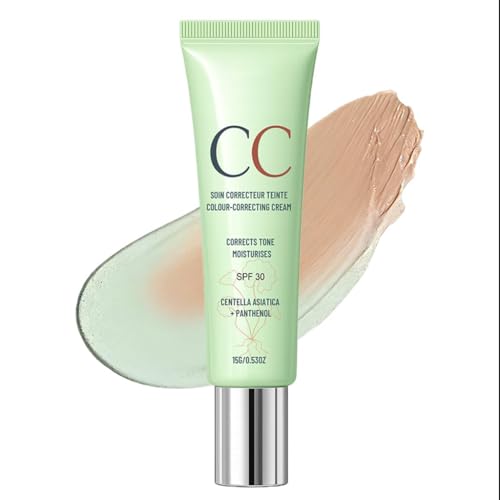 CC Red Correction Cream with CICA, Redness Corrector for Face & Acne Marks, Korean Skin Care Color Corrector, Lightweight CC Cream for Blemishes, Hydrating SPF Coverage, 15g / 0.53 oz