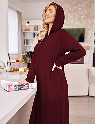 Ekouaer Snap Front Fleece Robe- Long Hooded Bathrobe,Wine Red,Medium #TOP4