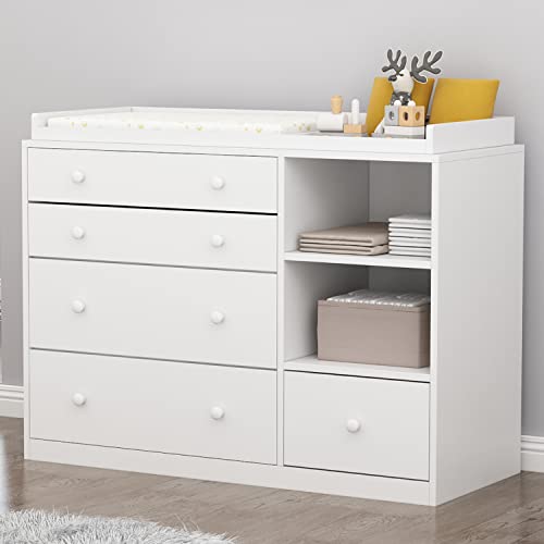 Image of AIEGLE Nursery Dresser with Changing Table Top, White Changing Table with 5 Drawers & Storage Shelves, Wood Dresser Organizer for Nursery Bedroom (47.6" L x 19.7" W x 36.1" H)