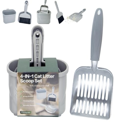 Vitisyao 4-in-1 Cat Litter Scoop with Holder Cat Litter Box Organizer Cleanup Kit - Sweeper & Dustpan Aluminum Kitty Litter Scooper and Storage Caddy (Gray)