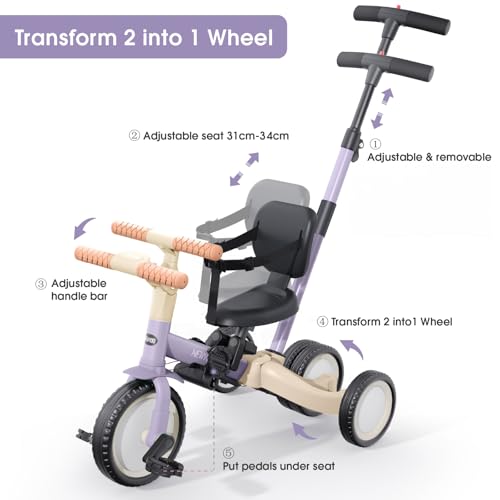 Image of newyoo Toddler Tricycle with Push Handle for 1-3 Year Old, Toddler Bike, Birthday Toy for Boys and Girls, 5 in 1 Kids Trike, Balance Bike with Backrest and Safety Belt, Purple, TR007