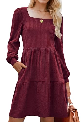 Zeagoo Kleid Damen A Linie Herbstkleid Langarm Elegante Kleider mit Taschen Puffärmel Dünnes Strickkleid Knielang Weinrot S