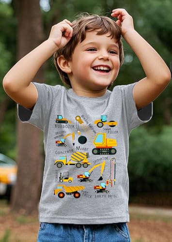 Construction Shirt for Toddler Boys Kids Dinosaurs T-Shirt Short Sleeve Car Tractor Truck Excavator Clothes 2-7T3