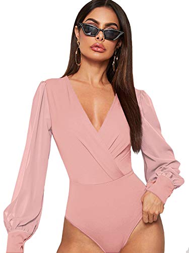 WDIRARA Women s Deep V Neck Long Sleeve Solid Wrap Surplice Bodysuit Dusty Pink S