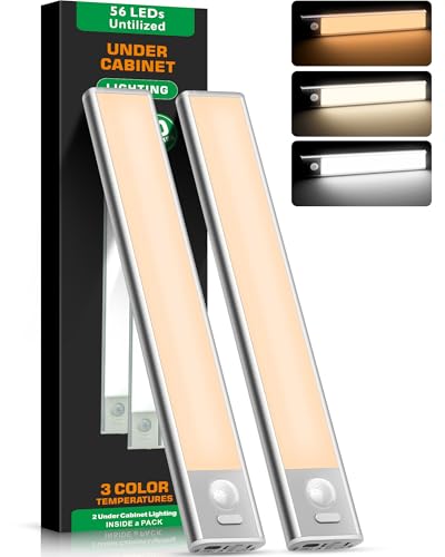 Image of TATAANTY Under Cabinet Lighting Wireless,56 LED Motion Activated Under Cabinet Lights Rechargeable, 3-Color & 5 Level Brightness Closet Light,Easy Installation Magnetic Under Counter Lights -2 Pack
