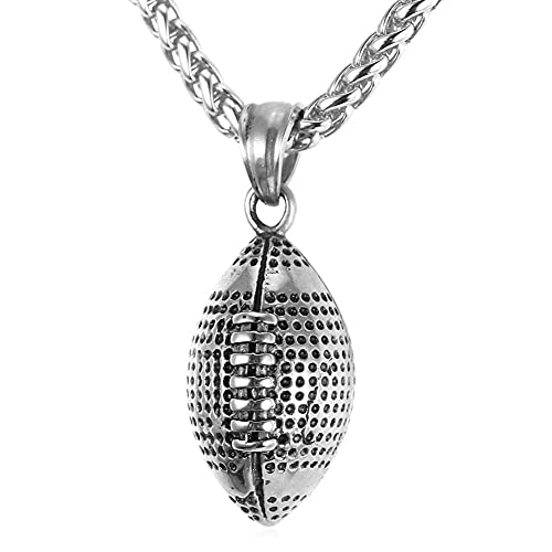 AMOZ Mens Stainless Steel Necklace, 18K Gold Plated American Football Ball Pendant Chain, Athlete Sport Fan Gift Jewelry Classic,Silber