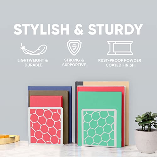 Premium Geometric Grey Honeycomb Bookends For Shelves, Metal Book Ends For Office, L-Shaped Book Stopper, Rustproof Bookends Decorative Unique For Home, 6.25 (L) X 6 (W) Inches, 1 Pair - Geomod #TOP1