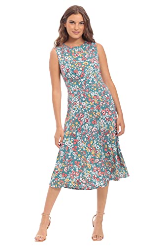 Image of London Times Women's Sleeveless Inset Waist Midi Fit and Flare Dress