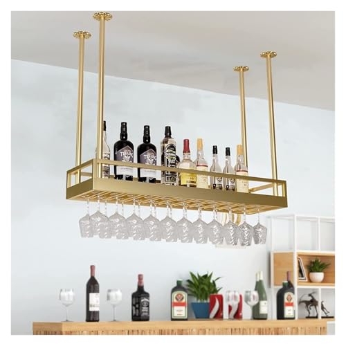 Industrial Vintage Bar Hanging Wine Bottle Holder Metal Shelf for Plants Books Storage Ceiling Mounted Display Stand for Bar/Kitchen/Restaurants Home Decor Gold Color