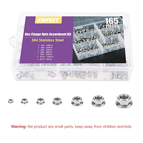Swpeet S573 165Pcs 304 Stainless Steel Serrated Metric Flange Nuts Insert Hex Lock Nuts Assortment Kit thumb #6